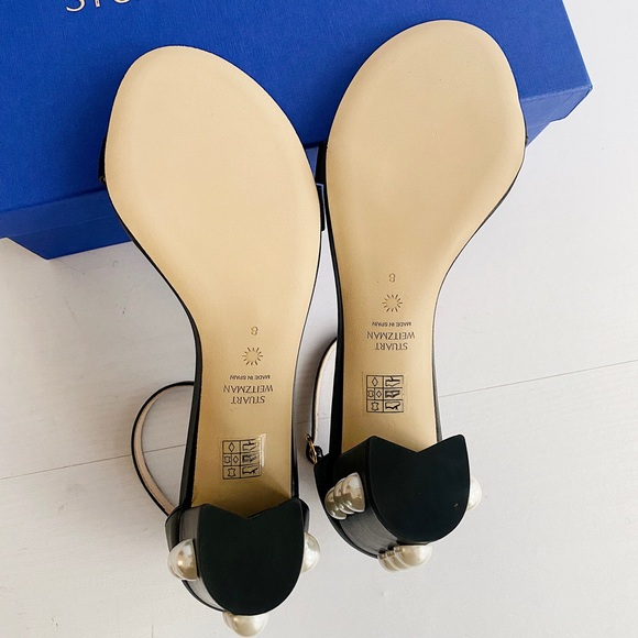 ✨New STUART WEITZMAN NearlyNude Pearl Studded Heel Leather Strappy Sandals 8B - Picture 9 of 10